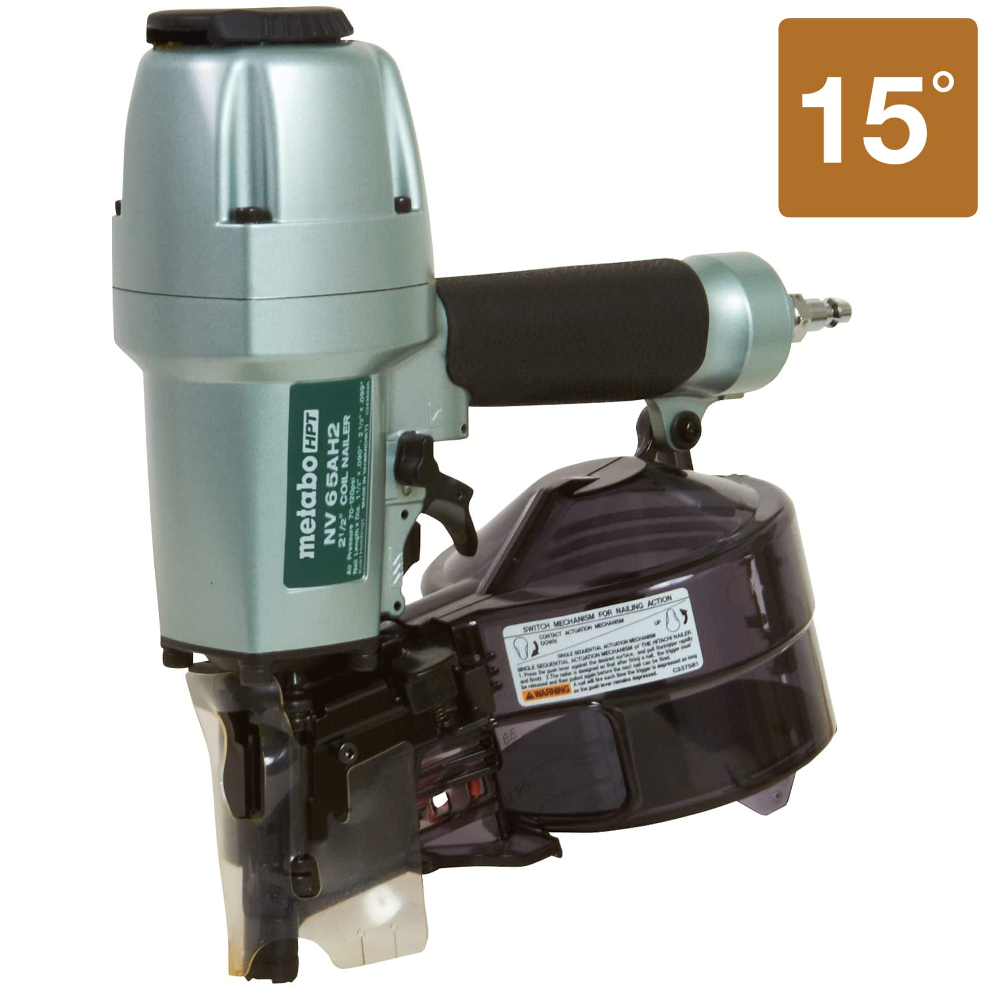 The Metabo HPT NV65AH2 2-1/2 Inch Coil Siding Nailer by Go Build features a black and silver design, ergonomic handle, round nail magazine, and an orange box in the top right showing “15°” in white.