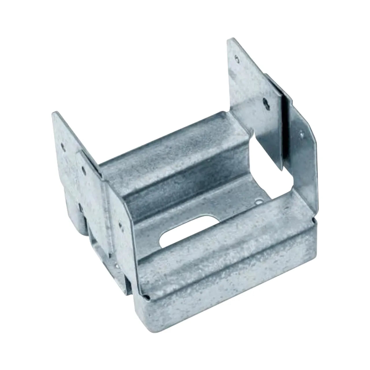 The Go Build ZMAX Galvanized Adjustable Standoff Post Base for 4x4 Nominal Lumber features vertical side holes for easy attachment and a flat base for sturdy support. Its ZMAX galvanized finish provides excellent corrosion resistance and a shiny gray appearance.