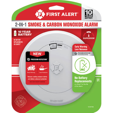 The FIRST ALERT 1046796 SMCO210 10-Year Battery Combo Smoke and CO Alarm with Slim Profile Design comes in red, white, and green packaging displaying key features.