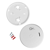 FIRST ALERT 1046796 SMCO210 10-Year Battery Combo Smoke and CO Alarm with slim profile, separate mounting plate, three screws, and three wall anchors are shown on a plain white background.
