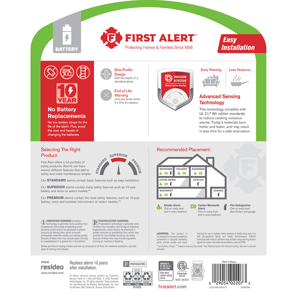 Back of a FIRST ALERT 1046796 SMCO210 10-Year Battery Combo Smoke and CO Alarm package shows features like slim profile, advanced sensing, end-of-life alert, installation options, placement tips, and safety certifications.