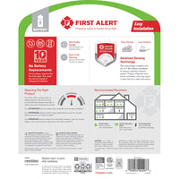 Back of a FIRST ALERT 1046796 SMCO210 10-Year Battery Combo Smoke and CO Alarm package shows features like slim profile, advanced sensing, end-of-life alert, installation options, placement tips, and safety certifications.