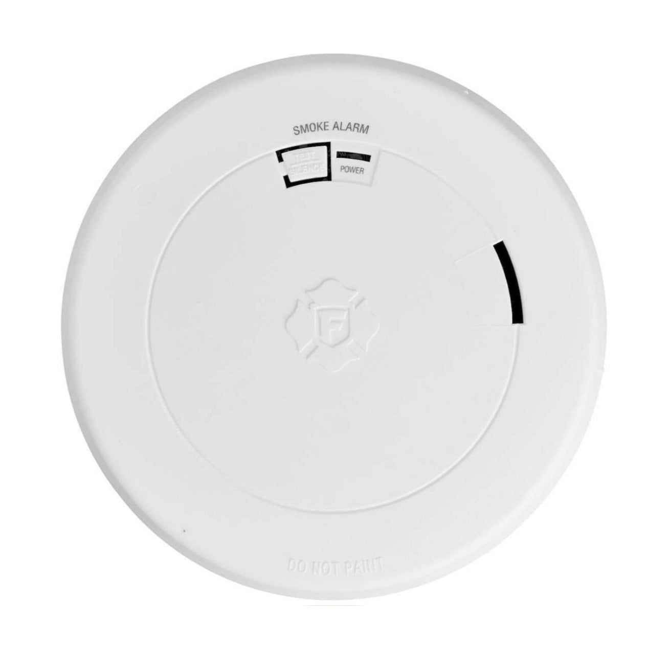 The FIRST ALERT 1046731 SM210 DC10 Slim Photoelectric Smoke Alarm features a round white design, test button, indicator labels for Smoke Alarm and Power, "Do Not Paint" marking, and Precision Detection technology for reliable protection.
