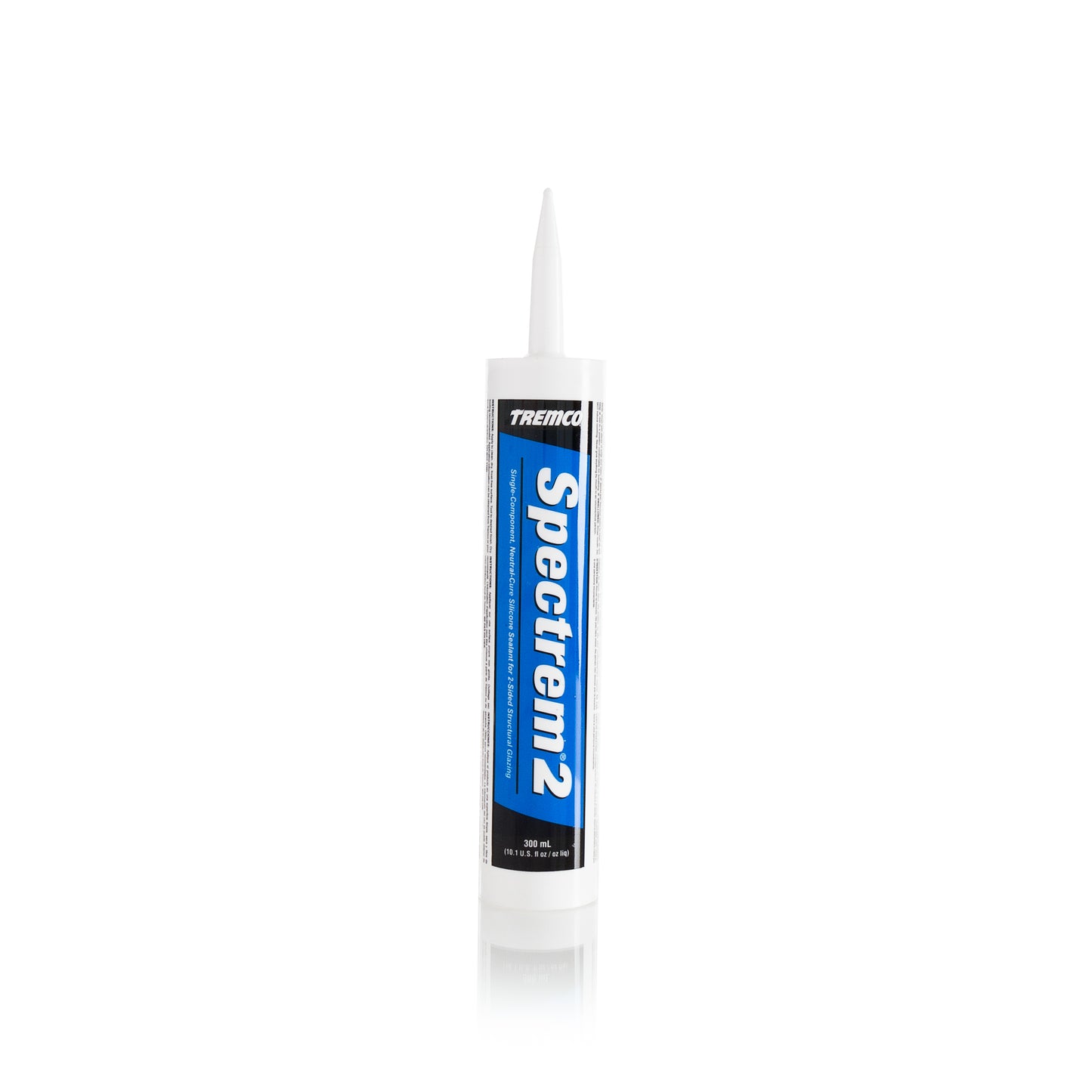 A tube of Tremco® SPECTREM 2 neutral-cure silicone sealant stands upright on a white background, featuring its blue and black label with a pointed nozzle, ideal for perimeter sealing and exceptional joint movement flexibility.