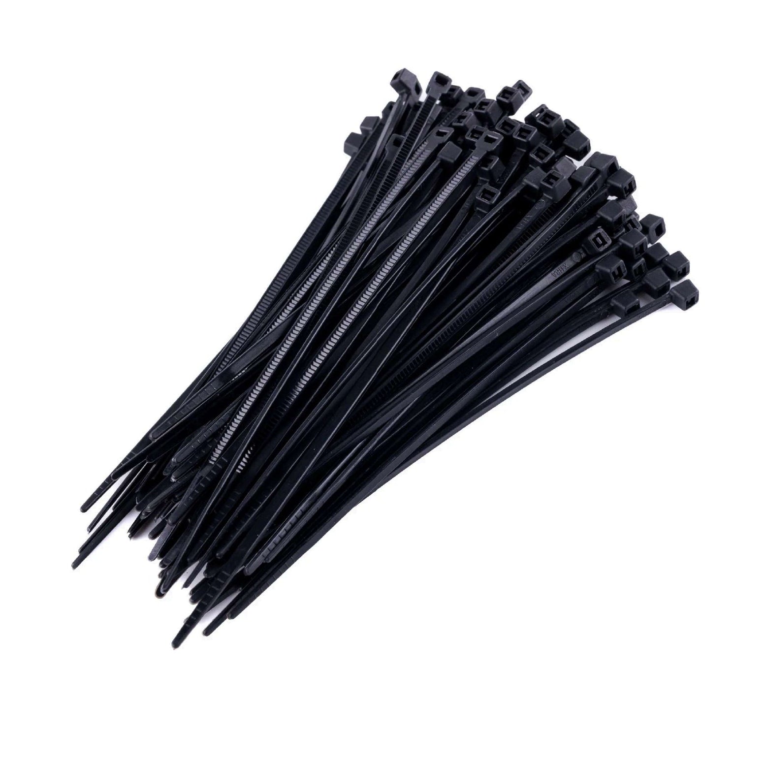 A pack of G FORCE G-FORCE 25201 4 in. x 3/32 in. Nylon Black Cable Ties (100/Pk) stacked on a white background, ideal for efficient cable management.