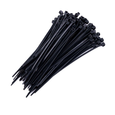 A pack of G FORCE G-FORCE 25201 4 in. x 3/32 in. Nylon Black Cable Ties (100/Pk) stacked on a white background, ideal for efficient cable management.