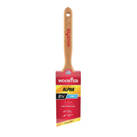 The WOOSTER Alpha Angle Sash Paint Brush features a wooden handle and red label stating Wooster Alpha 2½ inch. It is perfect for pros seeking precision, designed for All Paints with Max Production efficiency ideal for walls or trim.