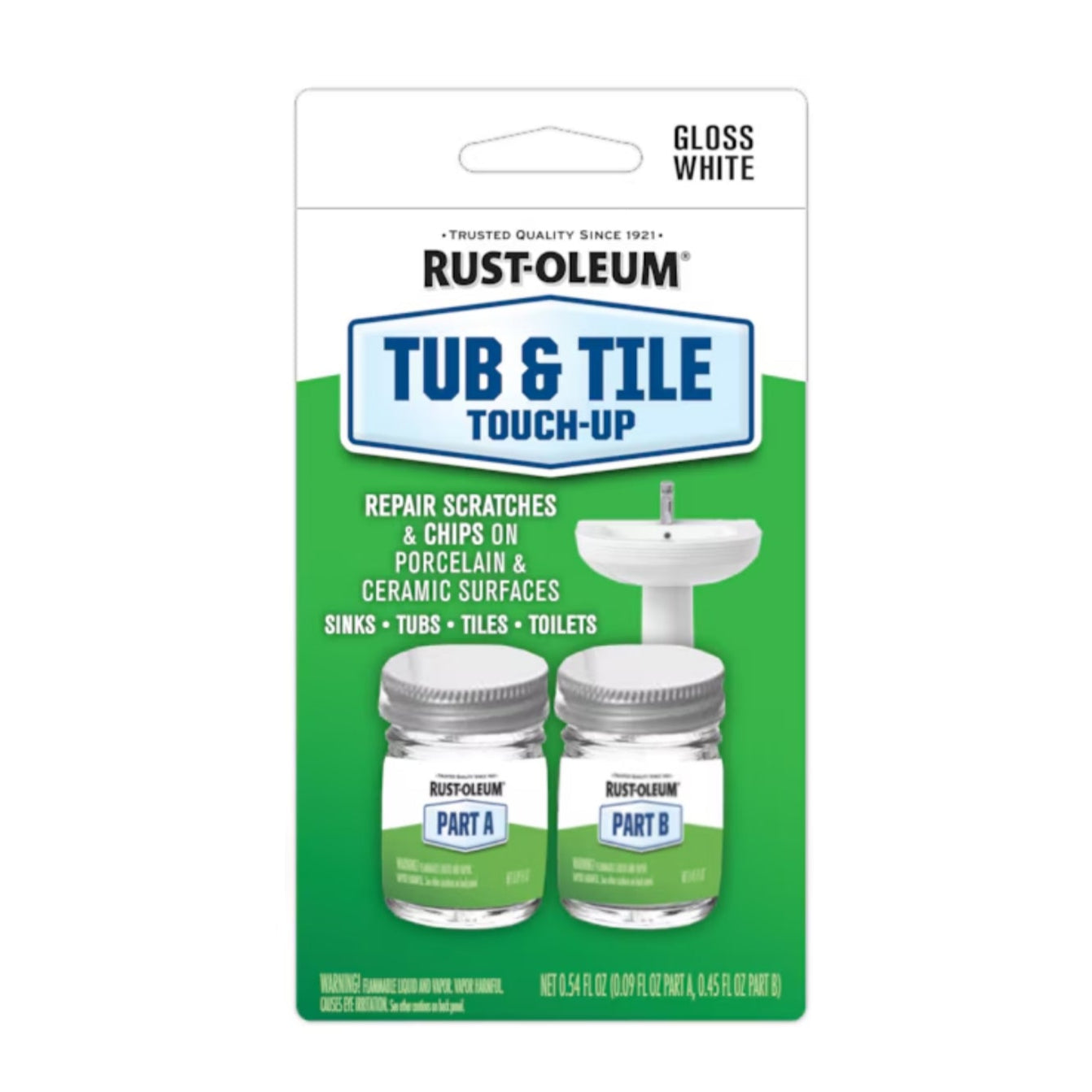 Front of a RUST-OLEUM 244166 Tub and Tile Touch-Up Kit by Rust-Oleum in gloss white, showing two jars marked Part A and Part B for repairing chips and scratches on porcelain or ceramic surfaces.