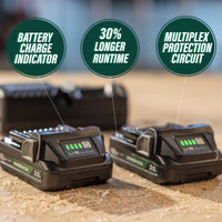 Two black Metabo HPT UC18YKSLS 18V Lithium Ion 2.0Ah batteries with charge indicators by Go Build rest on wood. Overlaid text notes: battery indicator, 30% longer runtime, multiplex protection—ideal for Metabo HPT cordless tools.