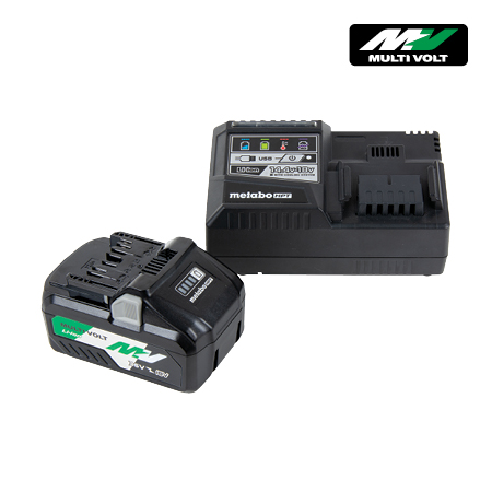 A Go Build Metabo HPT UC18YSL3B1 36V/18V MultiVolt™ Lithium Ion Slide Battery and Charger Starter Kit with green and white labels is shown on a white background, featuring the Multi Volt logo in the top right corner.