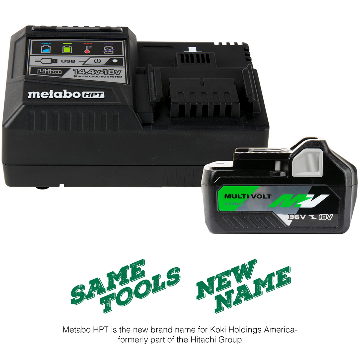 A Go Build UC18YSL3B1 36V/18V MultiVolt™ Lithium Ion Battery and Charger Starter Kit is shown above "Same Tools New Name," noting Go Build replaces Koki Holdings America, previously Hitachi's cordless power tool brand.