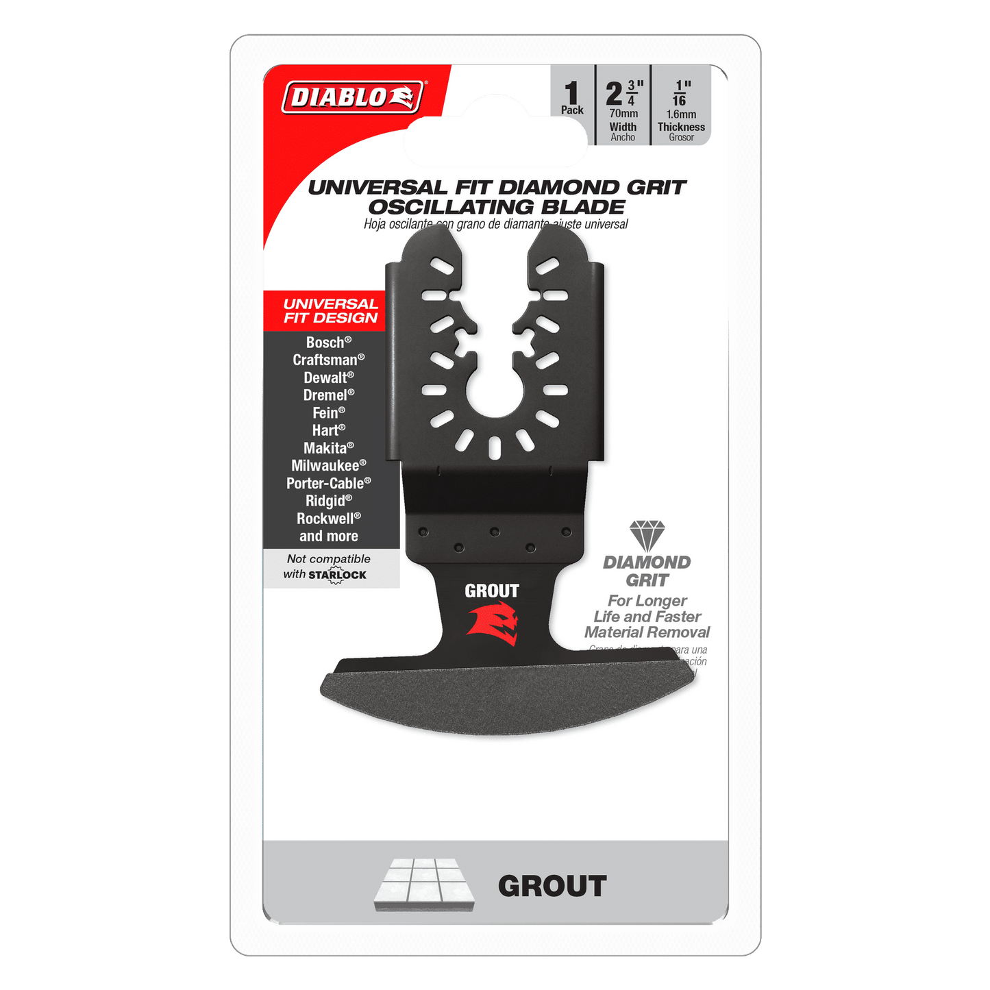 The DIABLO DOU16DGX blade, by Diablo, is a universal fit diamond grit oscillating tool ideal for grout removal. Compatible with various brands, the black blade has a durable diamond coating and measures 2.5 inches wide with a 1/16 inch thickness.