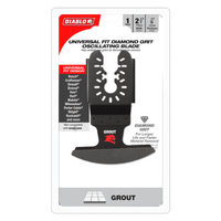 The DIABLO DOU16DGX blade, by Diablo, is a universal fit diamond grit oscillating tool ideal for grout removal. Compatible with various brands, the black blade has a durable diamond coating and measures 2.5 inches wide with a 1/16 inch thickness.