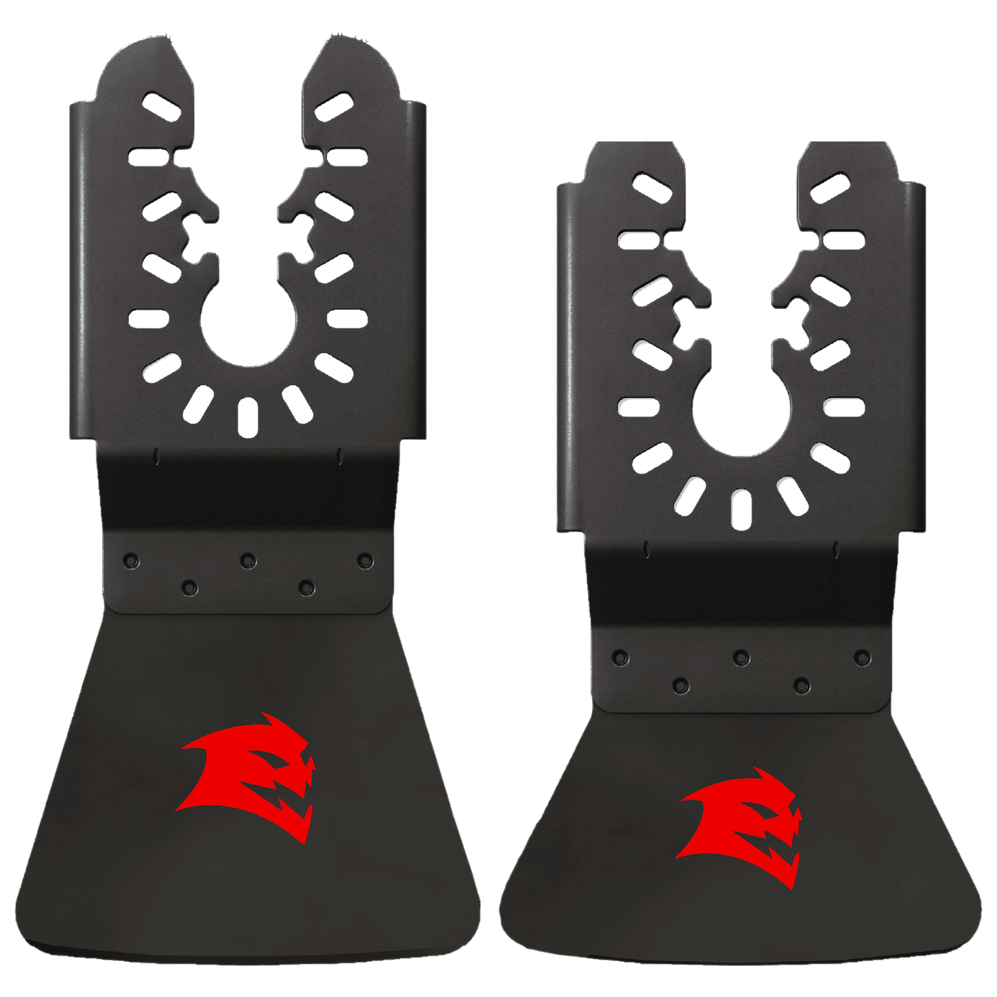 The DIABLO DOUSCRP2 Universal Fit High Carbon Steel Oscillating Scraper Set from Diablo includes two black brackets with jagged cutouts, red stylized crown logos, flared bases, and multiple holes for a secure mount.