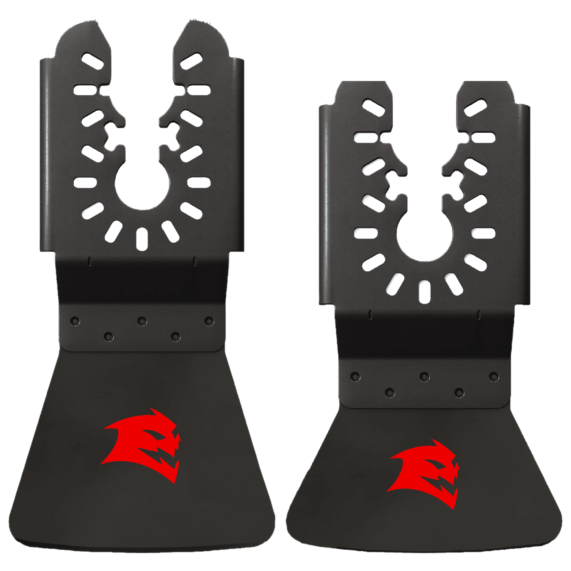The DIABLO DOUSCRP2 Universal Fit High Carbon Steel Oscillating Scraper Set from Diablo includes two black brackets with jagged cutouts, red stylized crown logos, flared bases, and multiple holes for a secure mount.