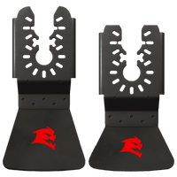 The DIABLO DOUSCRP2 Universal Fit High Carbon Steel Oscillating Scraper Set from Diablo includes two black brackets with jagged cutouts, red stylized crown logos, flared bases, and multiple holes for a secure mount.