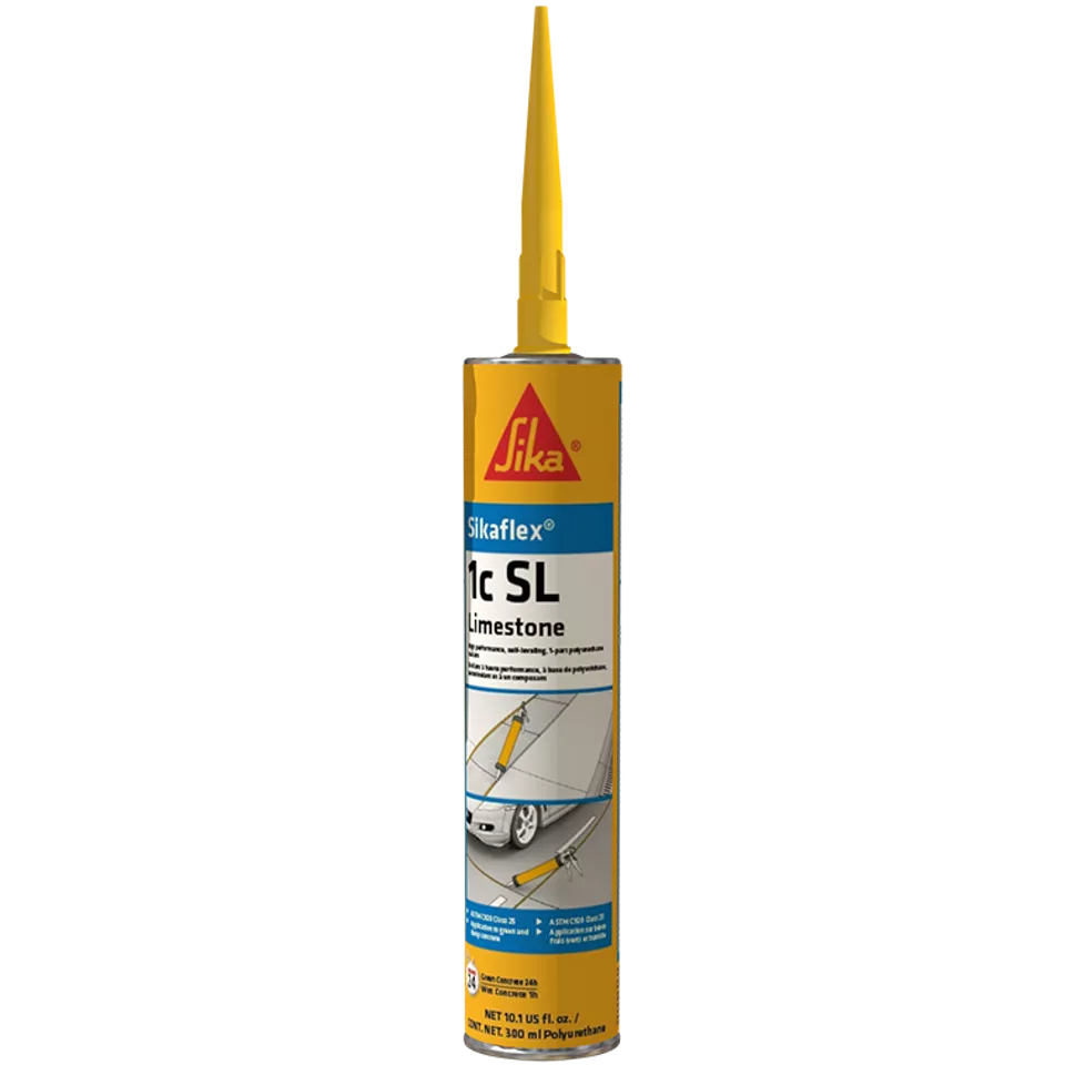 A tube of Sika Sikaflex-1C SL Limestone One Component Polyurethane Sealant with a yellow nozzle, shown with product info and images of its use as a concrete floor and joint sealant.