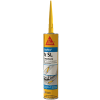 A tube of Sika Sikaflex-1C SL Limestone One Component Polyurethane Sealant with a yellow nozzle, shown with product info and images of its use as a concrete floor and joint sealant.