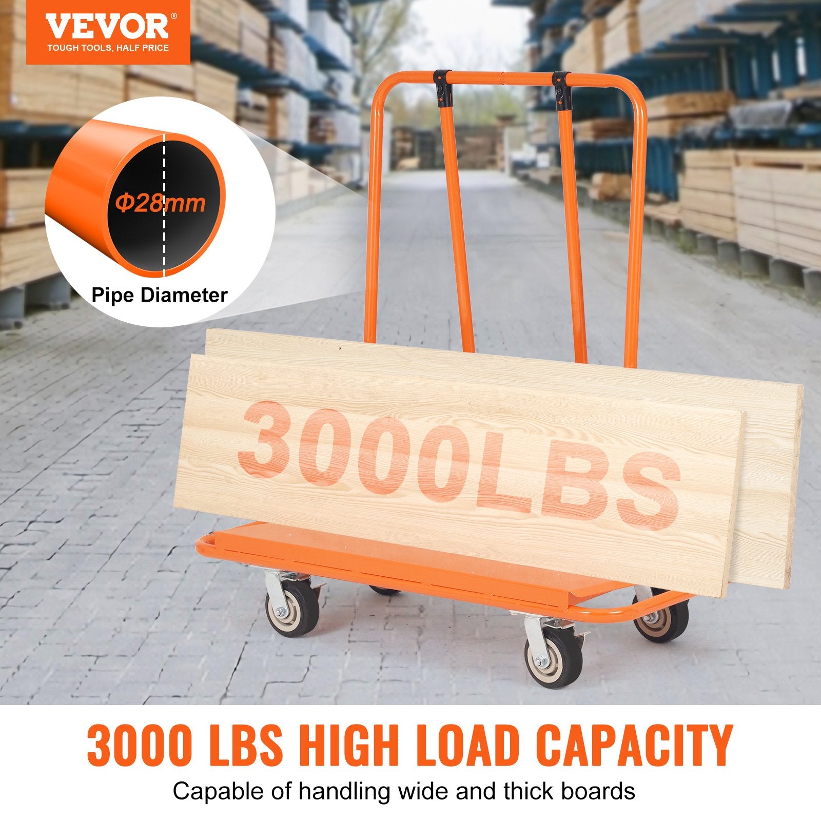 An orange VEVOR Drywall Cart by Vevor, labeled 3000 LBS, showcases its heavy-duty capacity with a 28 mm diameter pipe, while shelves full of wooden boards fill the bustling warehouse backdrop.