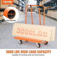 An orange VEVOR Drywall Cart by Vevor, labeled 3000 LBS, showcases its heavy-duty capacity with a 28 mm diameter pipe, while shelves full of wooden boards fill the bustling warehouse backdrop.