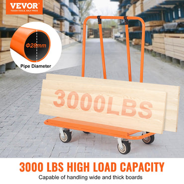An orange VEVOR Drywall Cart by Vevor, labeled 3000 LBS, showcases its heavy-duty capacity with a 28 mm diameter pipe, while shelves full of wooden boards fill the bustling warehouse backdrop.