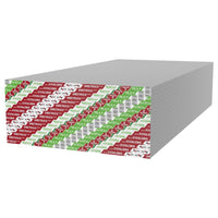 A stack of Go Build 5/8x4x8 Ecosmart Firecode X Drywall sheets, labeled for pickup only, features white surfaces and red-green Sheetrock edges. Panels are lightweight gypsum, neatly arranged with long edges visible.