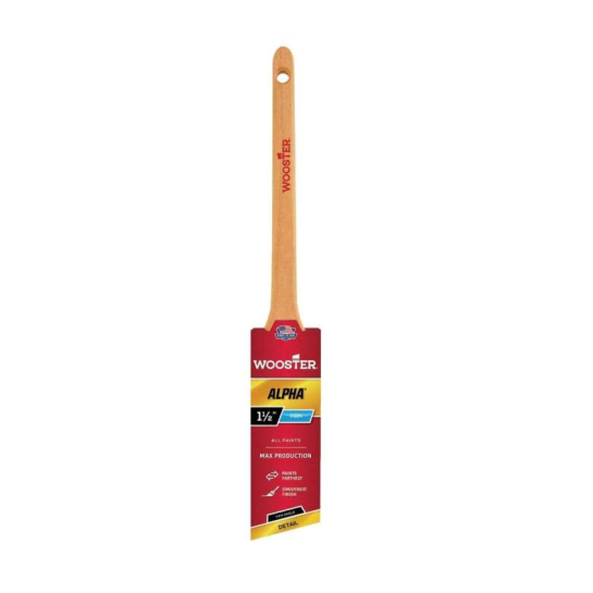 The WOOSTER Alpha Thin Angle Sash Paint Brush, with a long wooden handle, is ideal for professionals. Its 1½-inch width allows precision, and the red/yellow tag highlights Max Production, Firm Blend, and Smooth Finish.