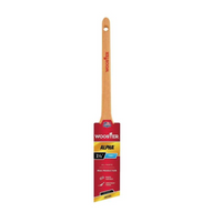 The WOOSTER Alpha Thin Angle Sash Paint Brush, with a long wooden handle, is ideal for professionals. Its 1½-inch width allows precision, and the red/yellow tag highlights Max Production, Firm Blend, and Smooth Finish.