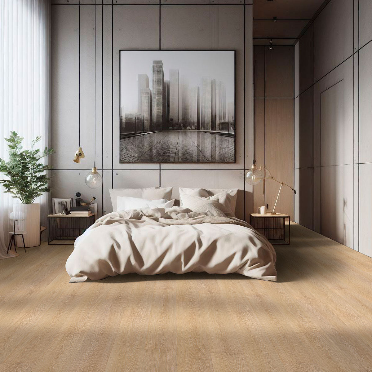 A modern minimalist bedroom showcases a low, unmade bed, Cyrus Valleyview Grove Luxury Vinyl Planks by MSI with a 100% waterproof SPC core and CrystaLux™ wear layer, neutral walls, bedside tables with lamps, a potted plant, and cityscape art above the bed.