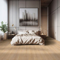 A modern minimalist bedroom showcases a low, unmade bed, Cyrus Valleyview Grove Luxury Vinyl Planks by MSI with a 100% waterproof SPC core and CrystaLux™ wear layer, neutral walls, bedside tables with lamps, a potted plant, and cityscape art above the bed.