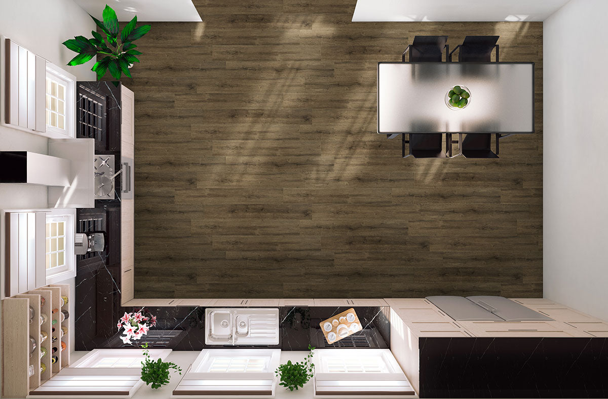 Top-down view of a modern kitchen with MSI’s Cyrus Walnut Waves Luxury Vinyl Planks (23.77 SQFT), CrystaLux protection, white cabinets, black countertops, sink, stove, potted plants, and an open dining area with four chairs and a centerpiece.