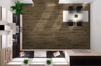 Top-down view of a modern kitchen with MSI’s Cyrus Walnut Waves Luxury Vinyl Planks (23.77 SQFT), CrystaLux protection, white cabinets, black countertops, sink, stove, potted plants, and an open dining area with four chairs and a centerpiece.