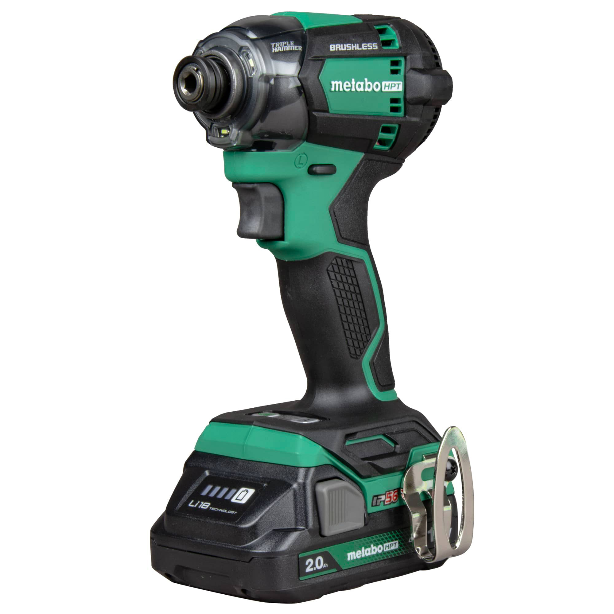 The Metabo HPT WH18DC 18V MultiVolt™ Cordless Triple Hammer BOLT Impact Driver by Go Build features a rechargeable 18V lithium-ion battery, green and black design, and metal belt clip at the base.