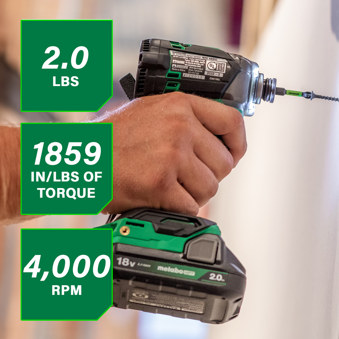 A person uses a green and black Go Build Metabo HPT WH18DC 18V MultiVolt™ Cordless Triple Hammer BOLT Impact Driver on a wall. Overlaid text highlights 2.0 lbs weight, 1,859 in-lbs torque, and 4,000 RPM.
