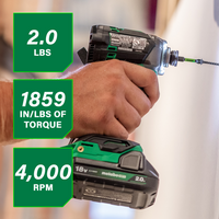 A person uses a green and black Go Build Metabo HPT WH18DC 18V MultiVolt™ Cordless Triple Hammer BOLT Impact Driver on a wall. Overlaid text highlights 2.0 lbs weight, 1,859 in-lbs torque, and 4,000 RPM.