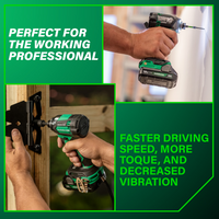 Two images of the Metabo HPT WH18DC | 18V MultiVolt™ Cordless Triple Hammer BOLT Impact Driver by Go Build show its powerful performance, highlighting: PERFECT FOR THE WORKING PROFESSIONAL and FASTER SPEED, MORE TORQUE, LESS VIBRATION.