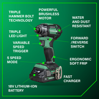 The Metabo HPT WH18DC | 18V MultiVolt™ Cordless Triple Hammer BOLT Impact Driver by Go Build features a brushless motor, 5 modes, LED light, fast charger, variable speed, water/dust resistance, soft grip, and 18V battery.