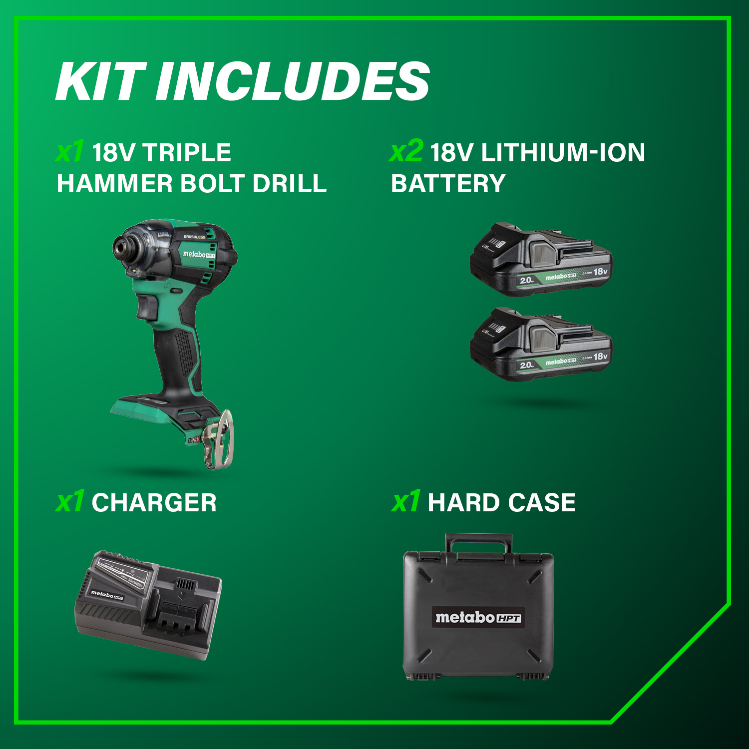 The image displays a Metabo HPT WH18DC 18V MultiVolt™ Cordless Triple Hammer BOLT Impact Driver from Go Build, with two 18V MultiVolt batteries, a charger, and hard case under "Kit Includes" on a green background.