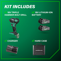 The image displays a Metabo HPT WH18DC 18V MultiVolt™ Cordless Triple Hammer BOLT Impact Driver from Go Build, with two 18V MultiVolt batteries, a charger, and hard case under "Kit Includes" on a green background.