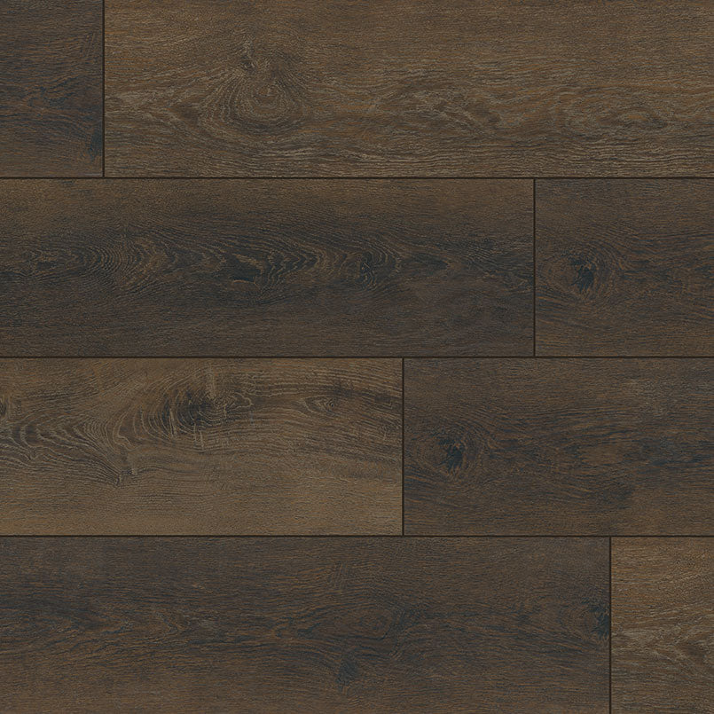 Close-up of MSI XL Cyrus Barrell Luxury Vinyl Planks (22.44 SQFT/box) in a staggered layout, highlighting dark brown wood grain—perfect for waterproof flooring and easy DIY installation.