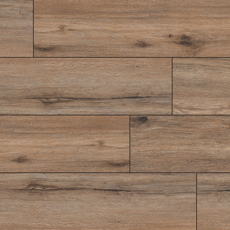 Close-up of MSI XL Cyrus Fauna Luxury Vinyl Planks BOX (22.44 SQFT) in a staggered pattern, showcasing natural light brown wood grain, knots, color variation, and a CrystaLux wear layer for durable waterproof flooring.