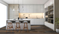 Modern kitchen with white cabinets, large island, wooden bar stools, pendant lights, built-in ovens, open shelves, and bright minimalist design. Stylish MSI XL Cyrus Hawthorne Luxury Vinyl Planks provide waterproof durability for lasting beauty.