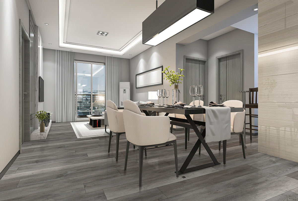Modern dining and living room with light walls, MSI XL Cyrus Katella Ash Luxury Vinyl Planks flooring featuring CrystaLux protection, a black dining table for six, white upholstered chairs, large windows, modern decor, and a small seating area in the background.