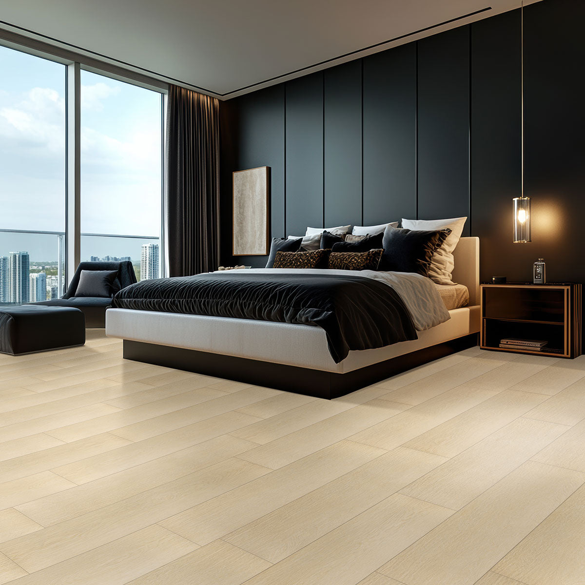 A modern bedroom with large windows and a city view features a bed with black and white bedding, dark paneled walls, light wood floors in MSI XL Cyrus Lenexa Creek Luxury Vinyl Planks (22.44 sqft/box), and contemporary decor.