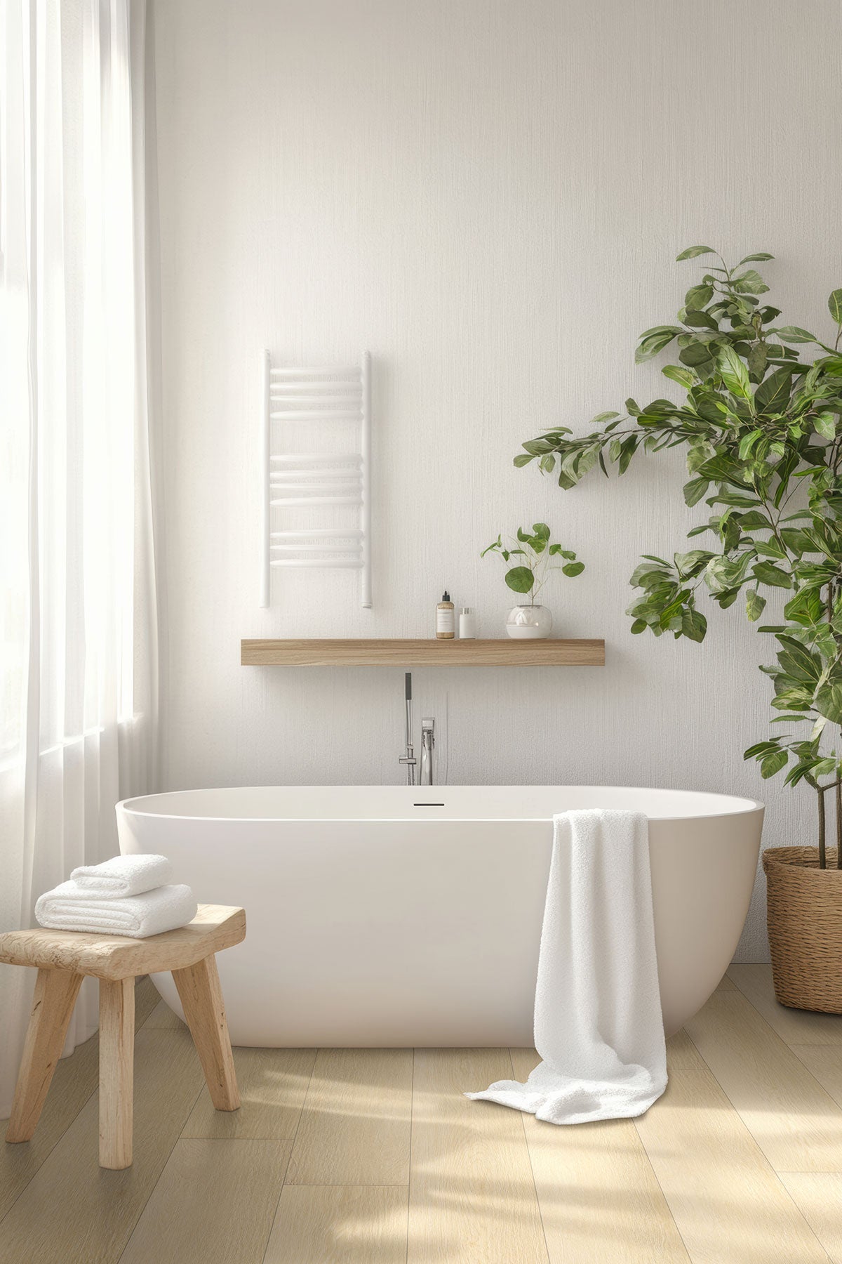 A modern bathroom with a white freestanding tub, wooden stool and towels, a large potted plant, MSI XL Cyrus Lenexa Creek Luxury Vinyl Planks flooring (22.44 SQFT/box), towel rail, and natural light through sheer curtains.