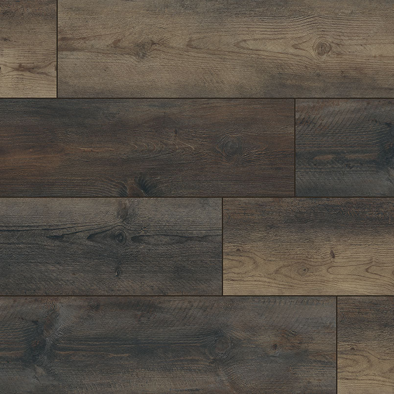 Dark brown and gray MSI XL Cyrus Stable Luxury Vinyl Planks (22.44 SQFT box) are arranged in a staggered pattern, showcasing natural wood grain, knots, and rustic texture with a weathered look. Rigid-core waterproof construction.