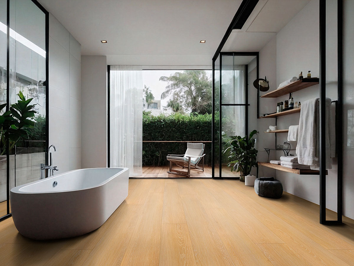 Modern bathroom with a freestanding white tub, large glass doors to a patio, and wooden-look MSI XL Cyrus Valleyview Grove Luxury Vinyl Planks flooring. Open shelves with toiletries and potted plants add to the serene, minimalist design.