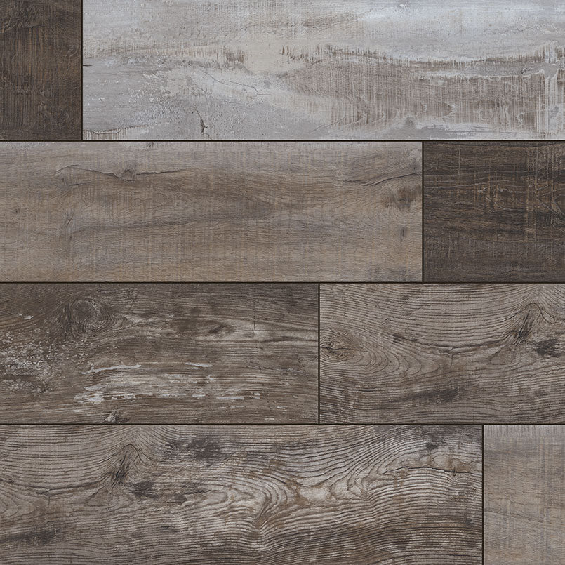 MSI XL Cyrus Weathered Brina Luxury Vinyl Planks feature rectangular XL planks in staggered layout, showcasing brown and gray tones with wood grain for a rustic, weathered look. Made from waterproof SPC for lasting durability. Each box covers 22.44 sq ft.