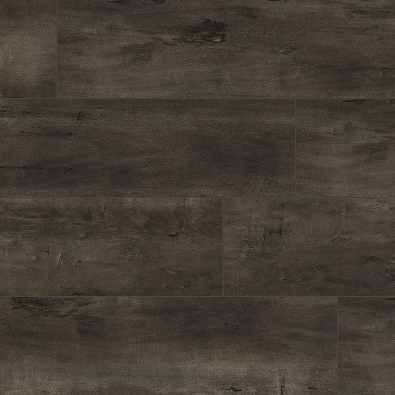 MSI XL Cyrus Billingham Luxury Vinyl Planks feature a dark brown and black matte finish with natural textures, arranged in a staggered rectangular layout. The waterproof rigid-core planks offer added durability, sold per box (22.44 SQFT).