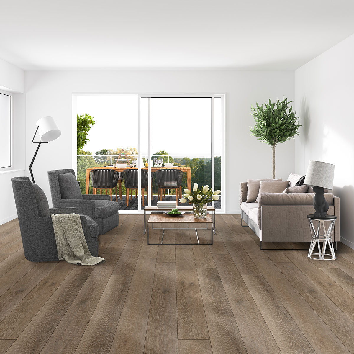 Modern living room with MSI XL Cyrus Cranton Luxury Vinyl Planks flooring (22.44 SQFT/box), 100% waterproof, light wood look, gray armchairs, beige sofa, glass coffee table with flowers, potted plant; sliding doors open to green outdoor dining.